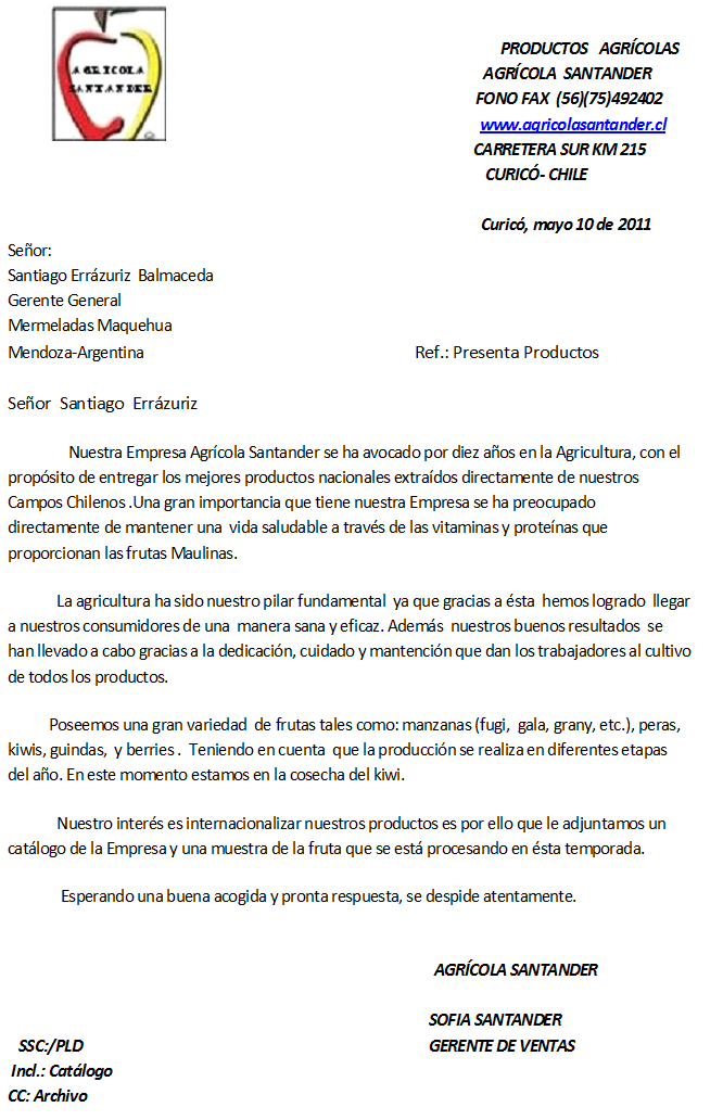 Agrícola Santander: carta comercial