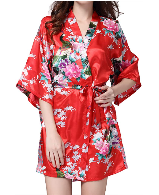 Women's Satin Kimono Robe Floral Print Bridemaids Nightgown Bath Robe Lingerie Sleepwear