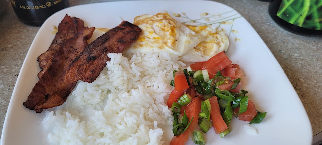 Bacon, Eggs, Rice, green onions, tomatoes