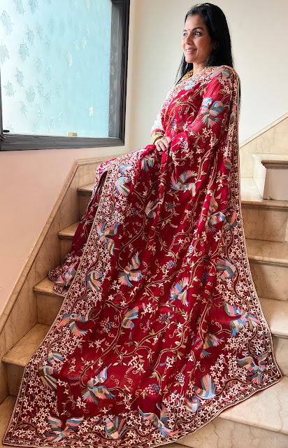 Red parsi gara hand embroidered saree