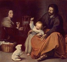 Cuadro de Murillo en el que se muestra una escena familiar con San José jugando con el niño Jesús y María cosiendo a su lado