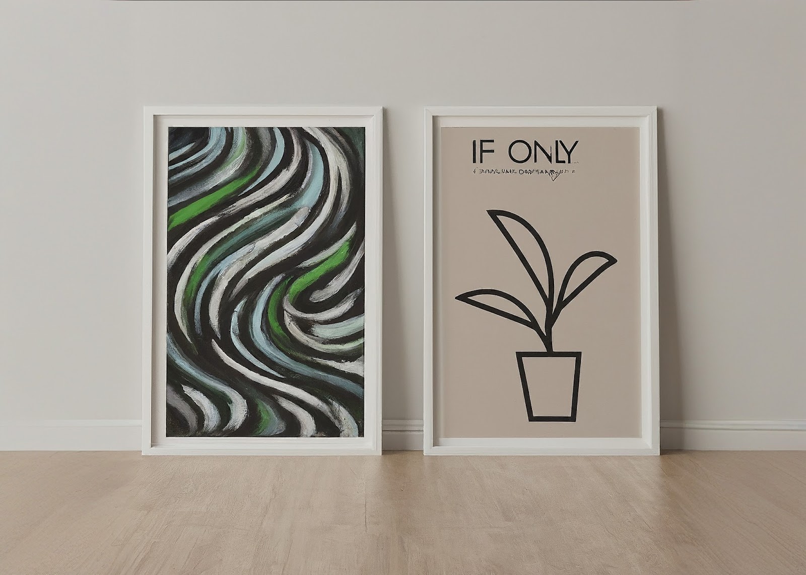 「if only」と書かれた色のない草と生い茂った草の二つのパネルが壁に立てられている