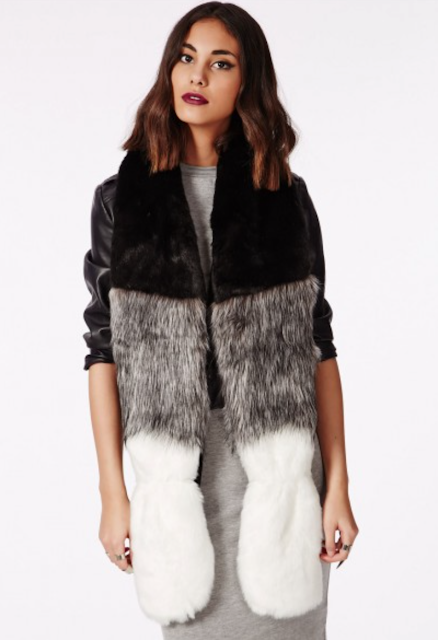 Missguided faux fur long scarf in black, grey and white colour block stripes