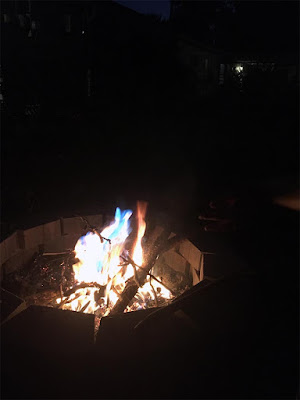 A small fire in a circle of landscape bricks, with a large wash of blue flame in the middle of the searing white-orange blaze.