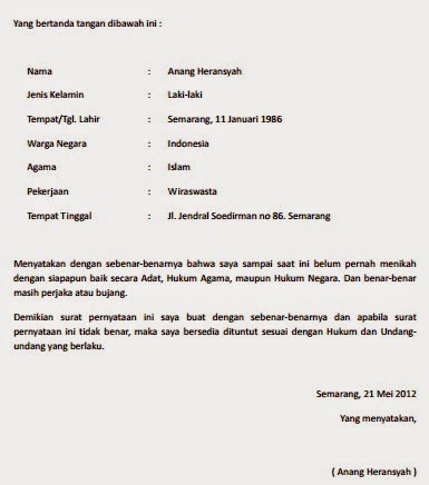 Contoh Surat Pernyataan Belum Menikah 2017 - 2018 Desember 