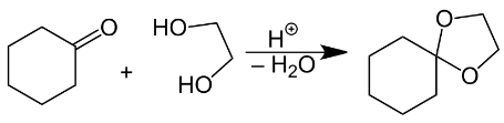 5- من تفاعل الكيتونات الحلقية مثل cyclohexanone مع ethane-1,2-diol لتكوين مركب سبيرو -dioxaspiro[4.5]decane1,4. [7]