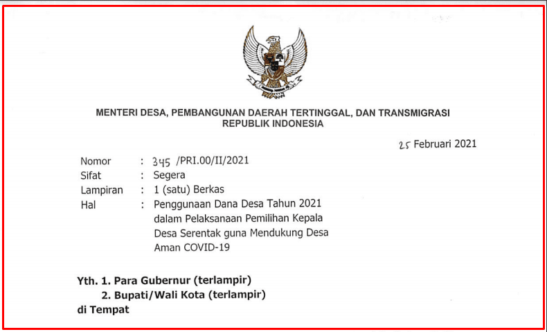 Download Surat Edaran Mendes PDTT Nomor 345 Tahun 2021 tentang Penggunaan Dana Desa Tahun 2021 dan Pelaksanaan Pilkades Serentak Guna Mendukung Desa Aman Covid-19