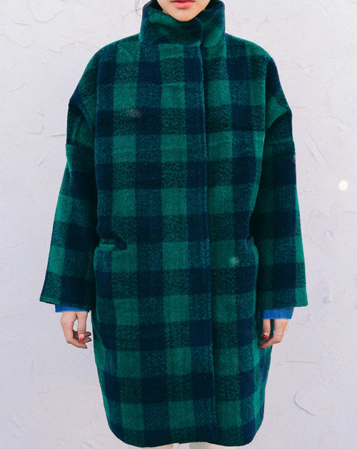 Zippered High-Neck Color Check Coat