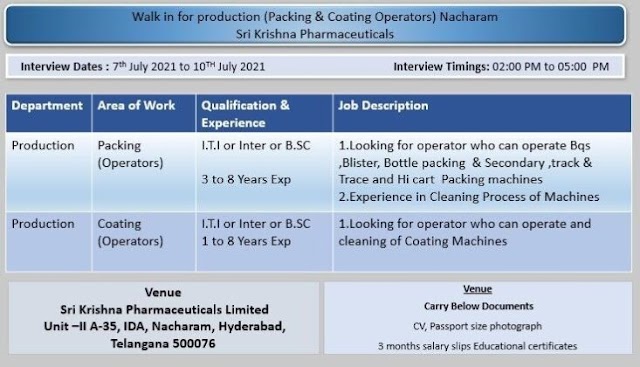 Sri Krishna Pharma | Walk-in interview for Production on 7th to 10th Jul 2021