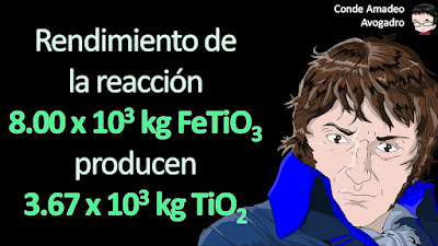 (Química-Chang12-problema-3.91) El óxido de titanio(IV) (TiO2) es una sustancia blanca que se produce a partir de la reacción entre el ácido sulfúrico con el mineral ilmenita (FeTiO3): FeTiO3 + H2SO4 → TiO2 + FeSO4 + H2O Sus propiedades de opacidad y no toxicidad lo convierten en una sustancia idónea para pigmentos de plásticos y pinturas. En un proceso, 8.00 x 103 kg de FeTiO3 produjeron 3.67 x 103 kg de TiO2. ¿Cuál es el porcentaje de rendimiento de la reacción?