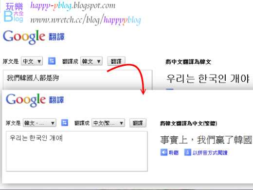 Google首頁非常簡約，其實變不出什麼花樣，不過卻在自家的翻譯服務上，同樣地默默表達了心意，只要到Google翻譯中，選擇中文翻譯成韓文，輸入「我們韓國人都是狗」，然後把翻譯出來的韓文，再翻譯回成正體中文，就會發現到「事實上，我們贏了韓國」。