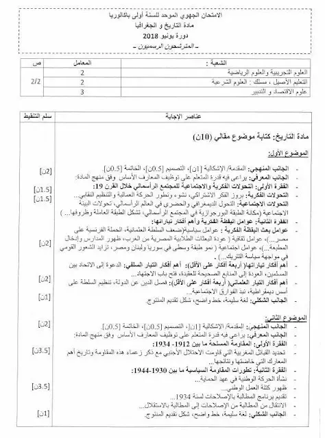 نموذج امتحان جهوي مادة التاريخ والجغرافيا مع عناصر الإجابة الأولى باك 2018