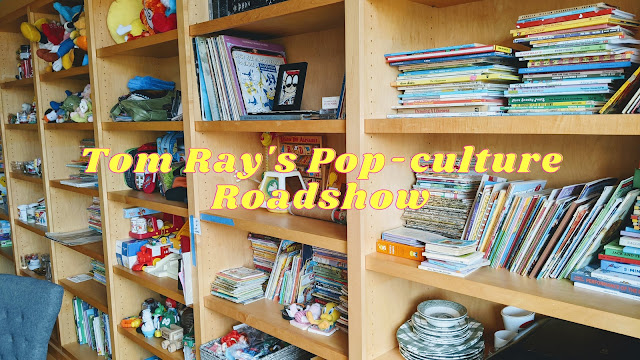 picture of bookshelf with vintage toys and text overlay