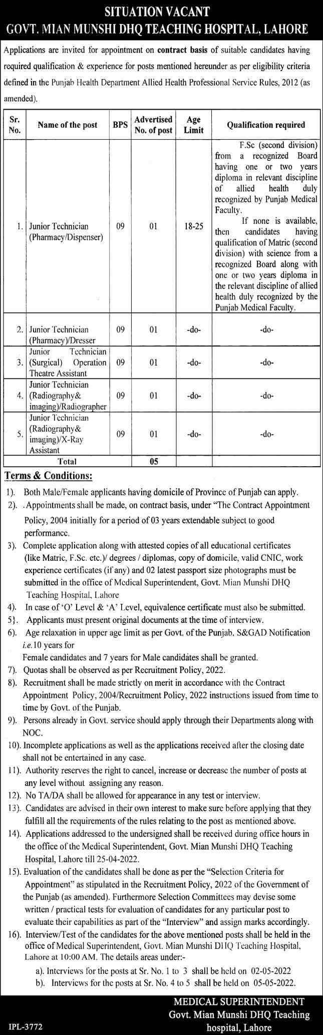 Govt. Munshi DHQ Teaching Hospital Lahore Jobs 2022