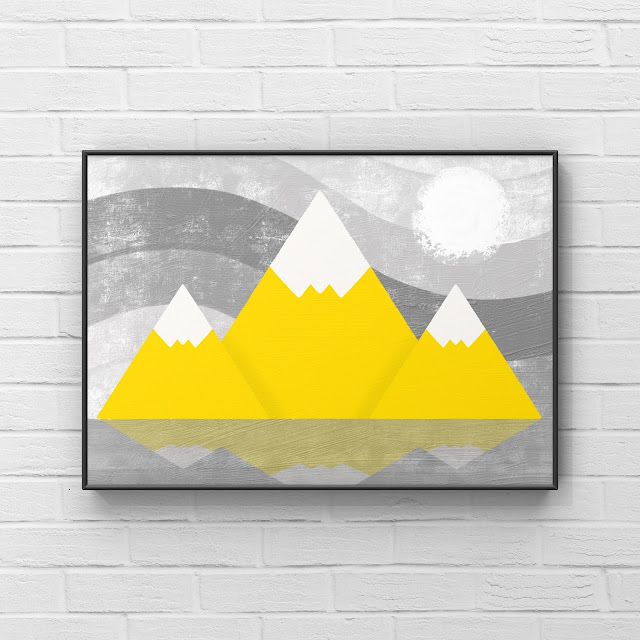 Abstract Mountains, mountain art, snow, yellow, gray, painting,