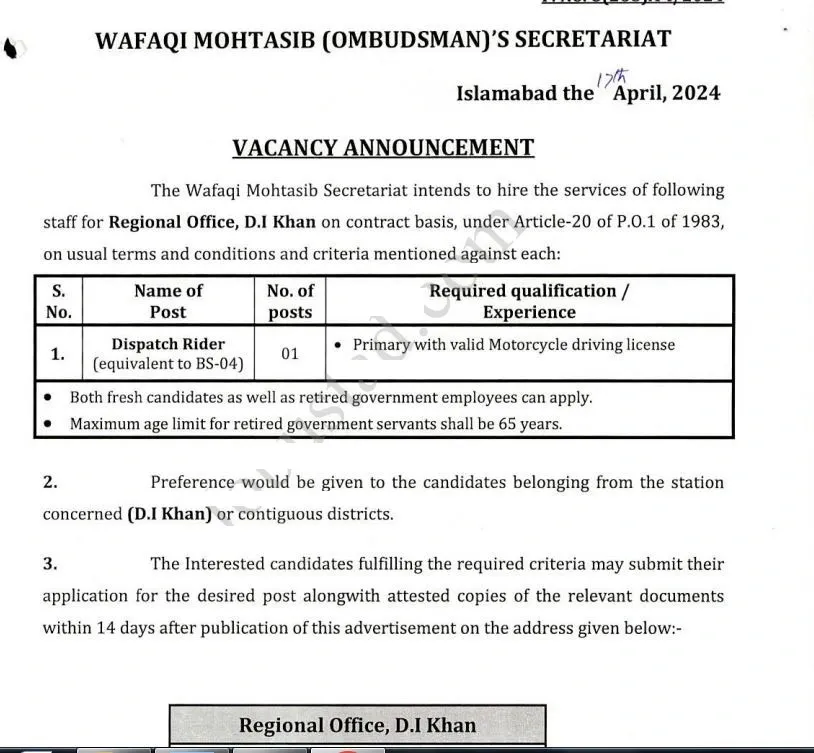 Wafaqi Mohtasib Jobs 2024