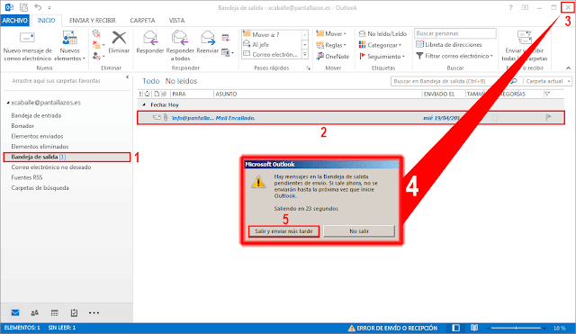 Hay mensajes en la Bandeja de Salida pendientes de envió. Si sale ahora, no se enviaran hasta la próxima vez que inicie Outlook.