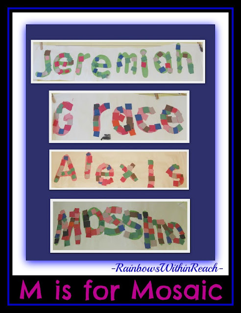 photo of: M is for Mosaic Bulletin Board for Name Recognition (from Bulletin Board RounUP via RainbowsWithinReach)