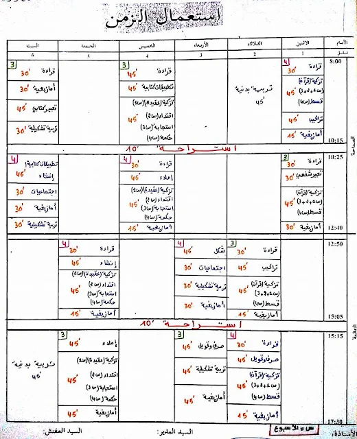 استعمال الزمن  المستويبن الثالث والرابع وفق التقسيم الجديد للتربية الإسلامية