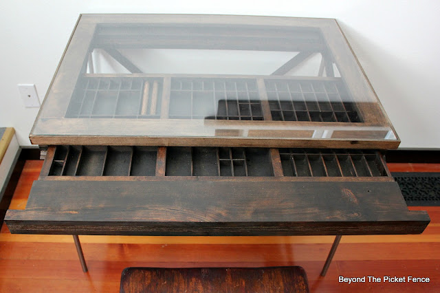 desk, printer's tray, drawer, rustic, industrial, http://goo.gl/mtjRjv