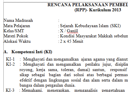 RPP Mapel Sejarah Kebudayaan Islam Kelas X - XI Kurikulum 2013