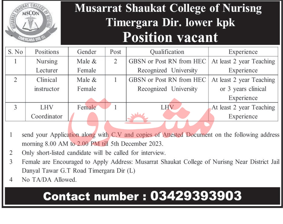 Musarrat Shaukat College of Nursing Timergara, Dir. Lower Jobs 2023