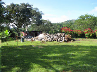 green grass and pile of rubble