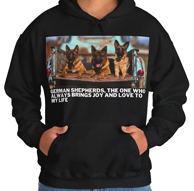 A Hoodie With Three Red and Black German Shepherds Lying on the Truck's Cargo Bed in a Row and Caption The One Who Always Brings Joy and Love to My Love