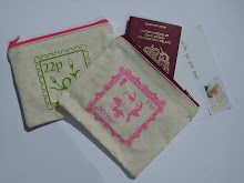 Handprinted travel inspired purses with contrast zips and patterned linings