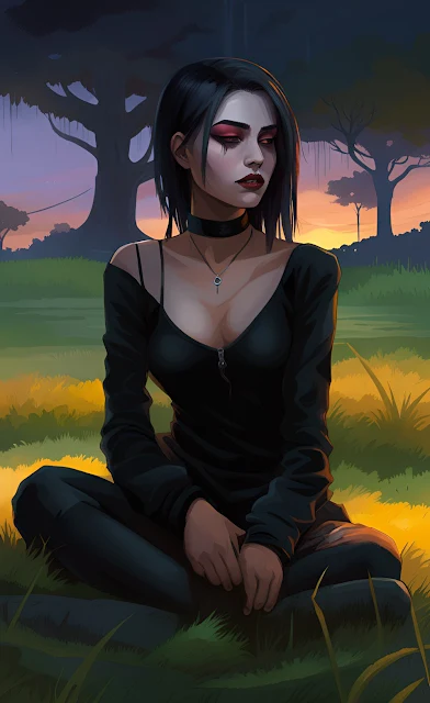 uma garota gótica de 17 anos usando roupas pretas e maquiagem em tons escuros está sentada na grama do parque ecológico santa maria na cidade de osasco no brasil enquanto observa o por do sol com uma expressão melancólica no rosto