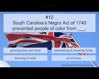 South Carolina’s Negro Act of 1740 prevented people of color from ___. Answer choices include: growing their own food, assembling & traveling freely, learning to write, all of these