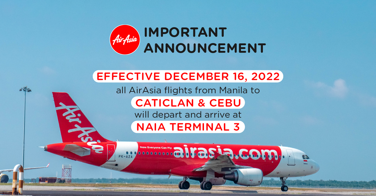 Manila-Based AirAsia Flights to Cebu and Caticlan to Depart from NAIA Terminal 3 Starting Dec 16!