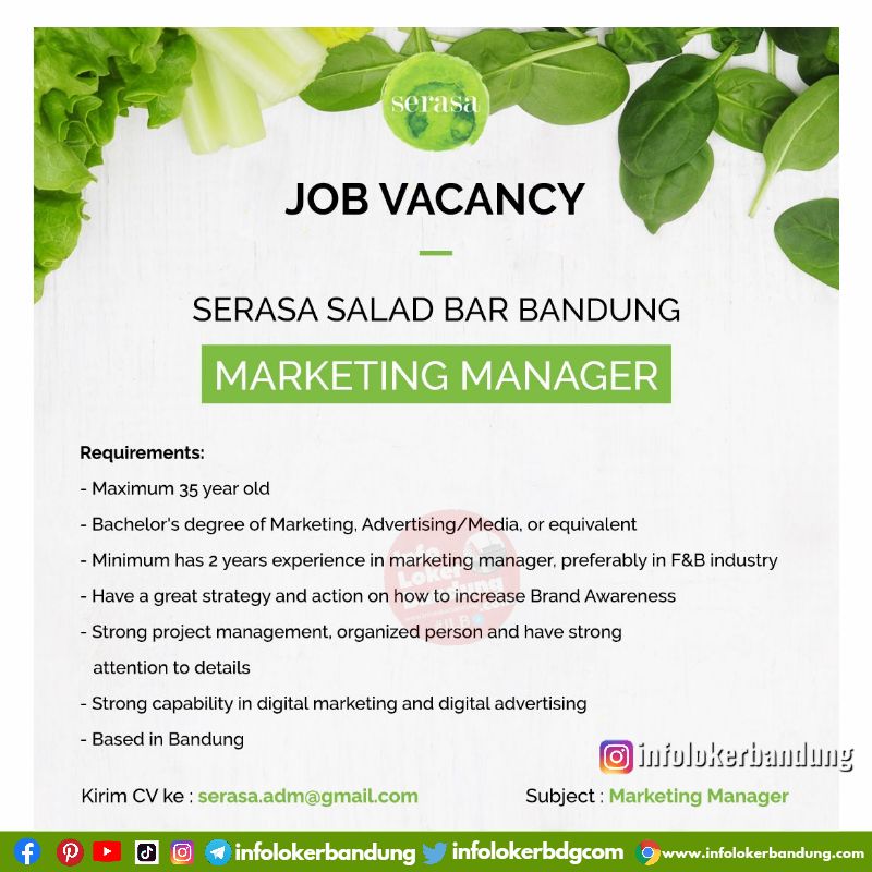 Lowongan Kerja Marketing Manager Serasa Salad Bar Bandung September 2022