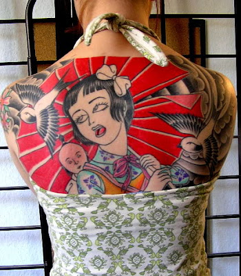 foo dog and geisha Japanese tattoo sleeve in black and grey