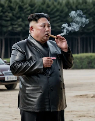 Kim jong-un wearing leather blazer and smoking a cigar from the knees up standing outside