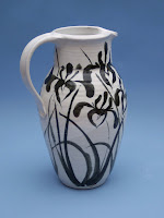 Anne Webb Pottery Stoneware Pitcher with Stylized Iris Brushwork Design