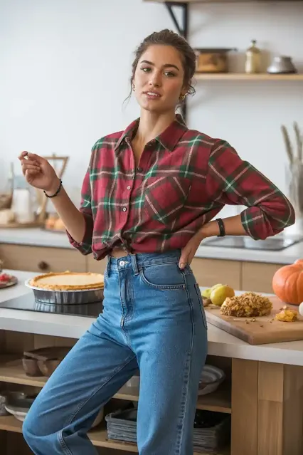 Flannel Shirt + High-Waisted Jeans