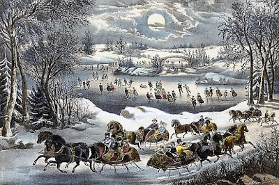 Currier and Ives art featuring ice skating scene