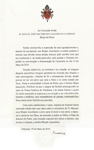 Bento XVI escreve carta de agradecimento à cidade do Porto