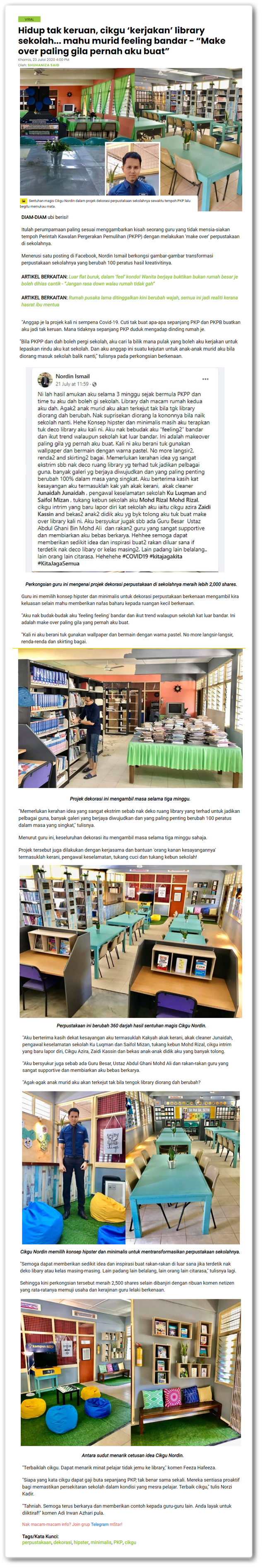 Hidup tak keruan, cikgu 'kerjakan' library sekolah... mahu murid feeling bandar | "Make over paling gila pernah aku buat" - Keratan akhbar online MStar 23 Julai 2020