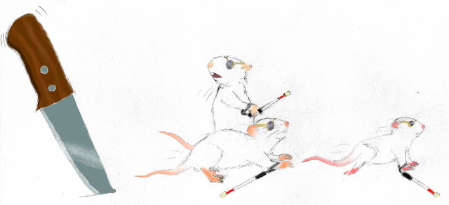 Three white mice, of varying ages, all wearing dark glasses on their eyes and modern blind men's canes around their "wrists", run from a carving knife –almost twice their size– that has been impaled into the ground so recently, it is still wiggling from the impact. Two of the mice run on all fours, while the eldest is on its hind legs, turning back to face the knife. 