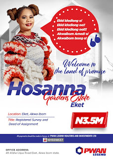 *HOTTEST INVESTMENT IN EKET*  ```The best time to buy a landed property was many years ago... the next best time is NOW!```  _Don't be the man who tells the stories of how "I was told about this property many years ago but..." be the man who invested and tells the success stories._  Introducing.... *Hosanna Gardens Estate Eket* located within the corridor of the fastest growing Environs in the city of Akwaibom.  *LOCATION*: Ikot-ibiok Eket-Oron Road Akwaibom  *TITLE:* Deed of Assignment and Registered Survey  *SIZE*: 464sqm  *PRICE*: 3.5m  *promo price*:3m Why invest in *Hossana Gardens Estate Eket* • Excellent Neighbourhood and facilities •Capital appreciation is 100% guaranteed.    *Don't be left out, take advantage of this unbeatable offer*