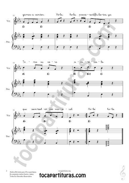 Hoja 2 Bienvenid@s Partitura para Melodía con Acordes y letra + Piano acompañamiento sencillo marcando el ritmo de la canción (Easy Piano accompaniment Sheet Music