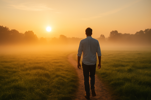A man walks alone through a misty field at sunrise, following a narrow dirt path as golden morning light gently illuminates the landscape with a sense of calm and hope.