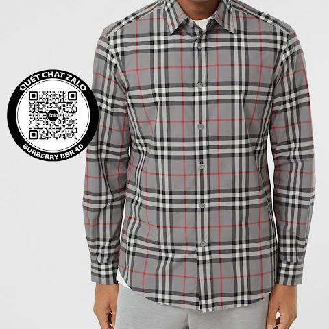 Áo sơ mi nam tay dài Burberry màu ghi xám kẻ caro đỏ ghi hàng hiệu