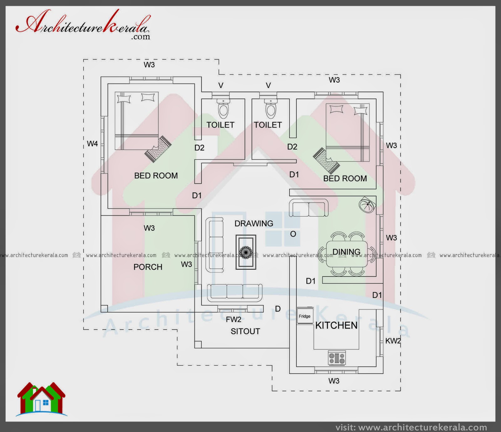  1000  SQFT SINGLE STORIED HOUSE  PLAN  AND ELEVATION 