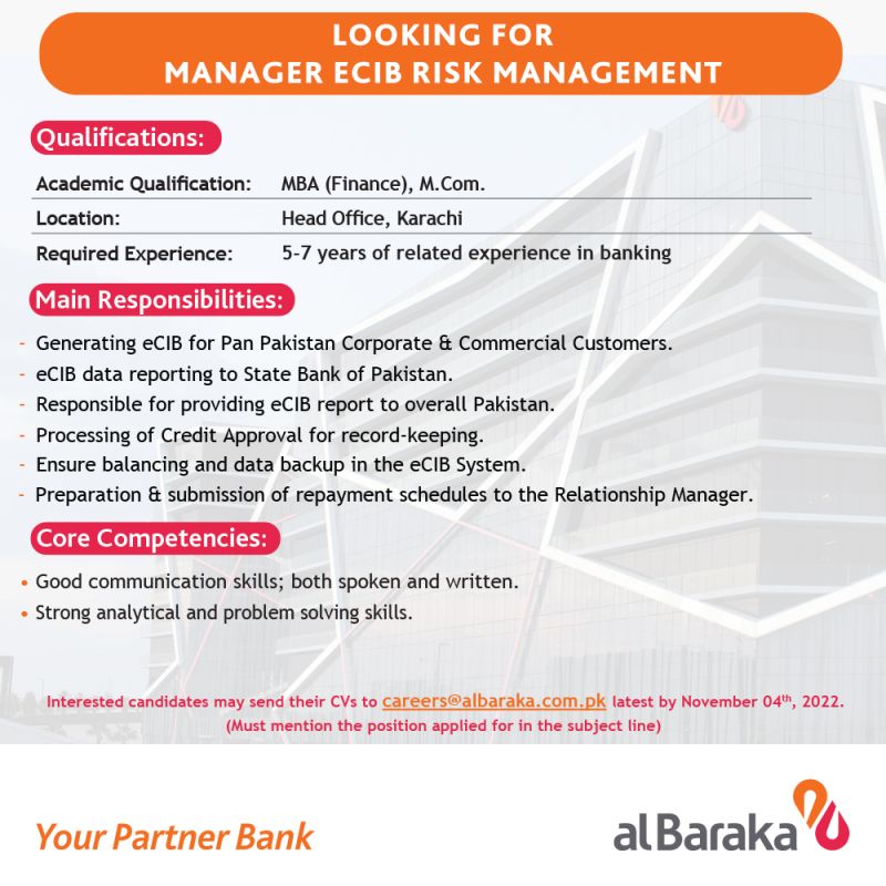 Al Baraka Bank (Pakistan) Limited has a new career opportunity for Manager ECIB