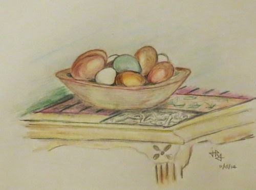 drawing of eggs in a wooden bowl