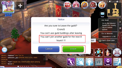 Pilihlah "Leave" untuk meninggalkan Guild kalian (tetapi kalian akan terkena waktu untuk menunggu selama 8 jam baru dapat daftar atau join dengan Guild lainnya).