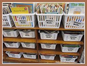 photo of: Classroom Library Organization into Bins by Topic